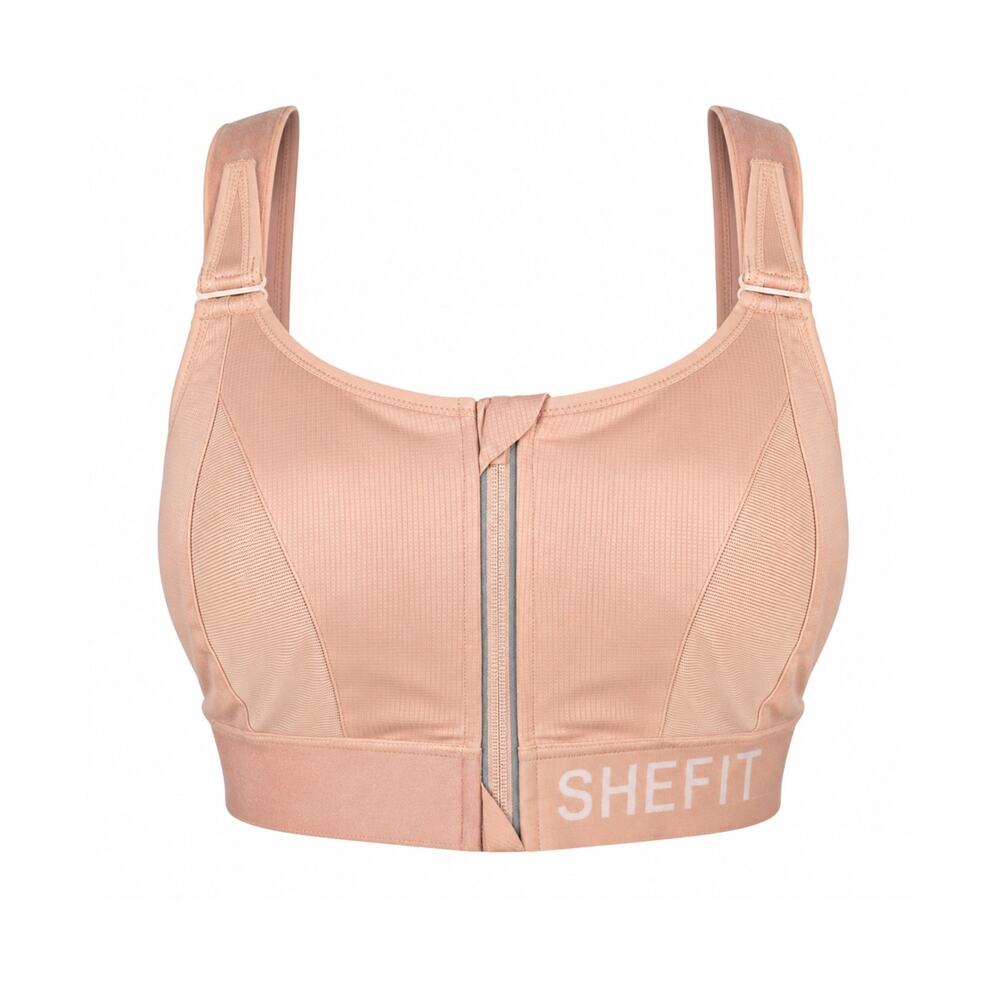 SHEFIT Ultimate Sports Bra 3 Luxe Nude High Impact Zip Front 44-46" + Bag